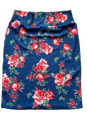 LuLaRoe Cassie Bodycon Pencil Skirt Size Large Floral Roses Blue Red Green Pink